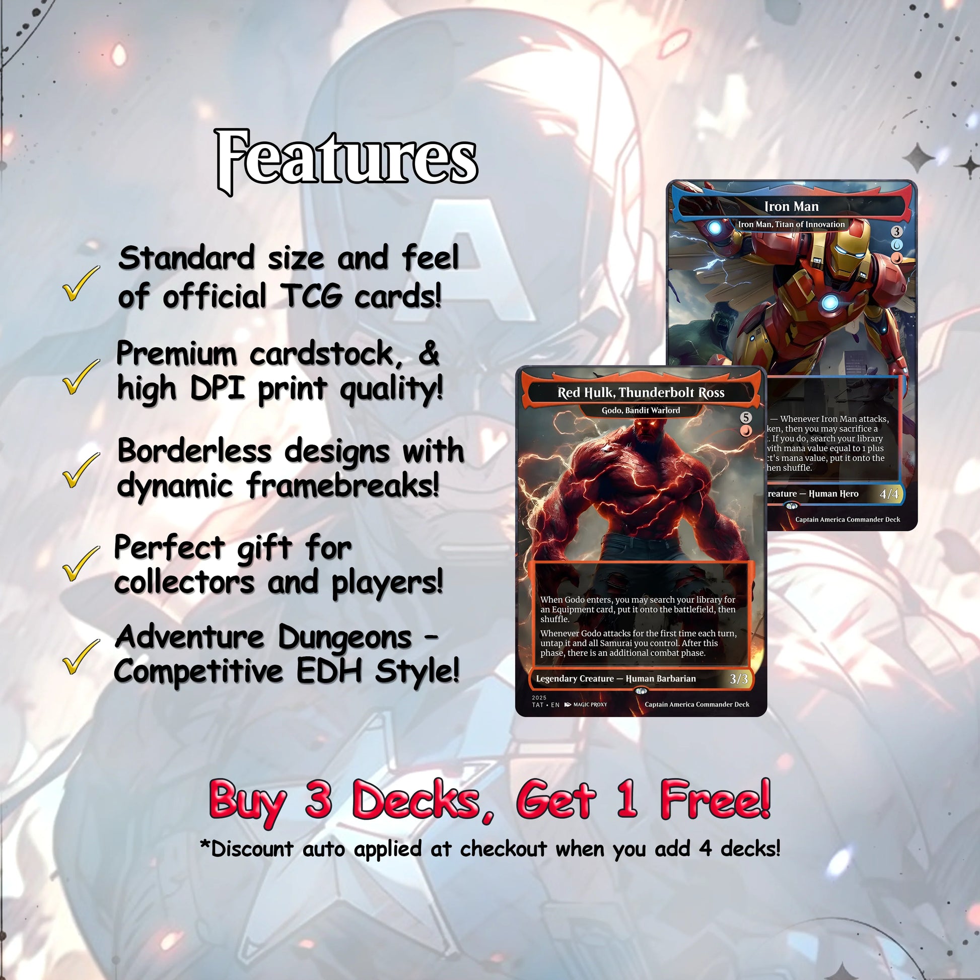 C.a.p.t.a.i.n A.m.e.r.i.c.a EDH Deck, 113 Cards, 13 Sideboard, Includes all major characters, C.a.p.t.a.i.n A.m.e.r.i.c.