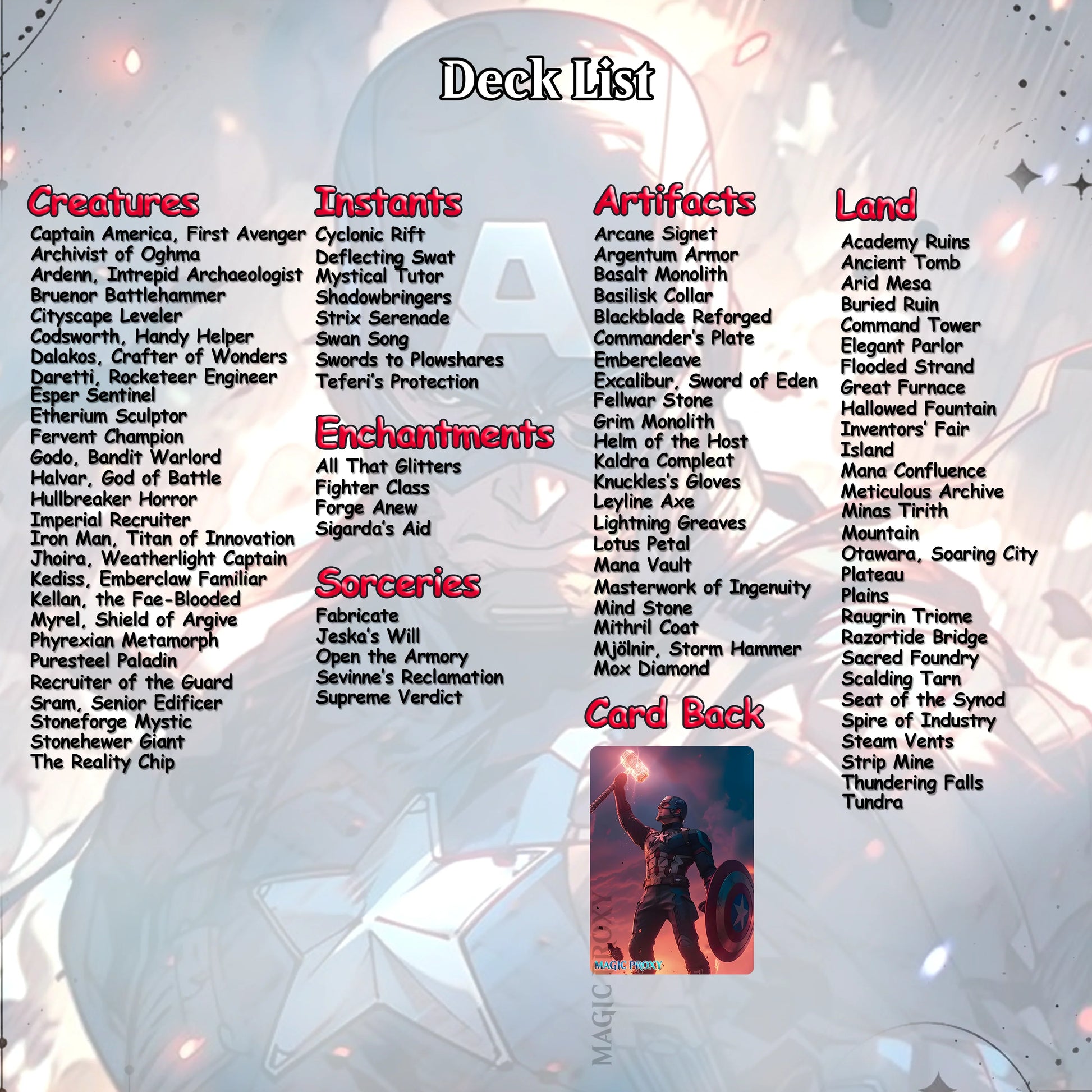C.a.p.t.a.i.n A.m.e.r.i.c.a EDH Deck, 113 Cards, 13 Sideboard, Includes all major characters, C.a.p.t.a.i.n A.m.e.r.i.c.