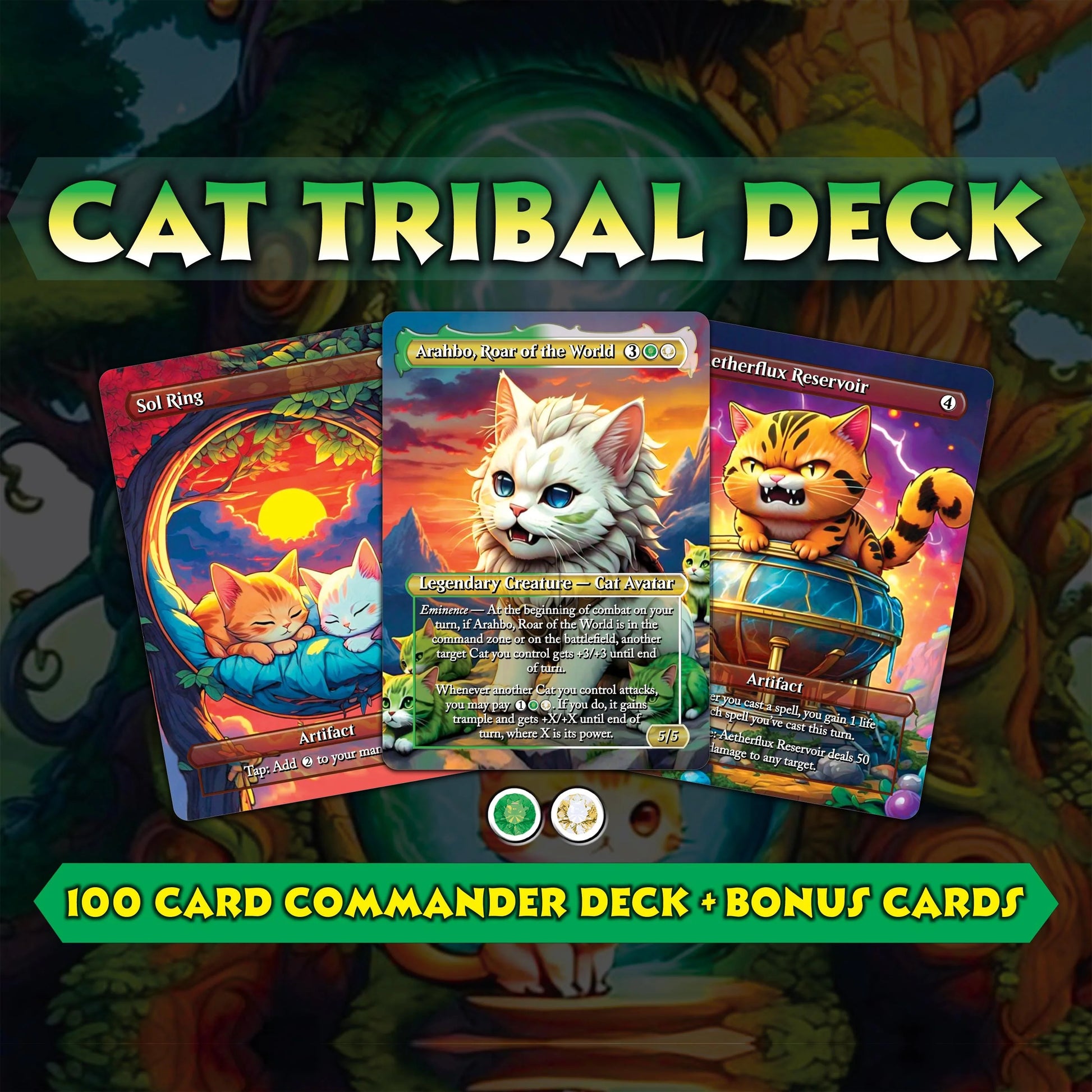 Cat Commander Tribal Deck, High Quality MTG Proxies for Commander EDH, Arahbo, Roar or the World Full 100 Card Deck with