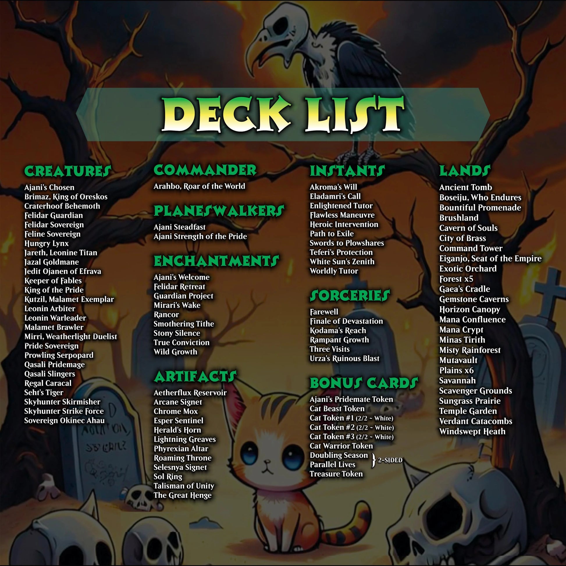 Cat Commander Tribal Deck, High Quality MTG Proxies for Commander EDH, Arahbo, Roar or the World Full 100 Card Deck with