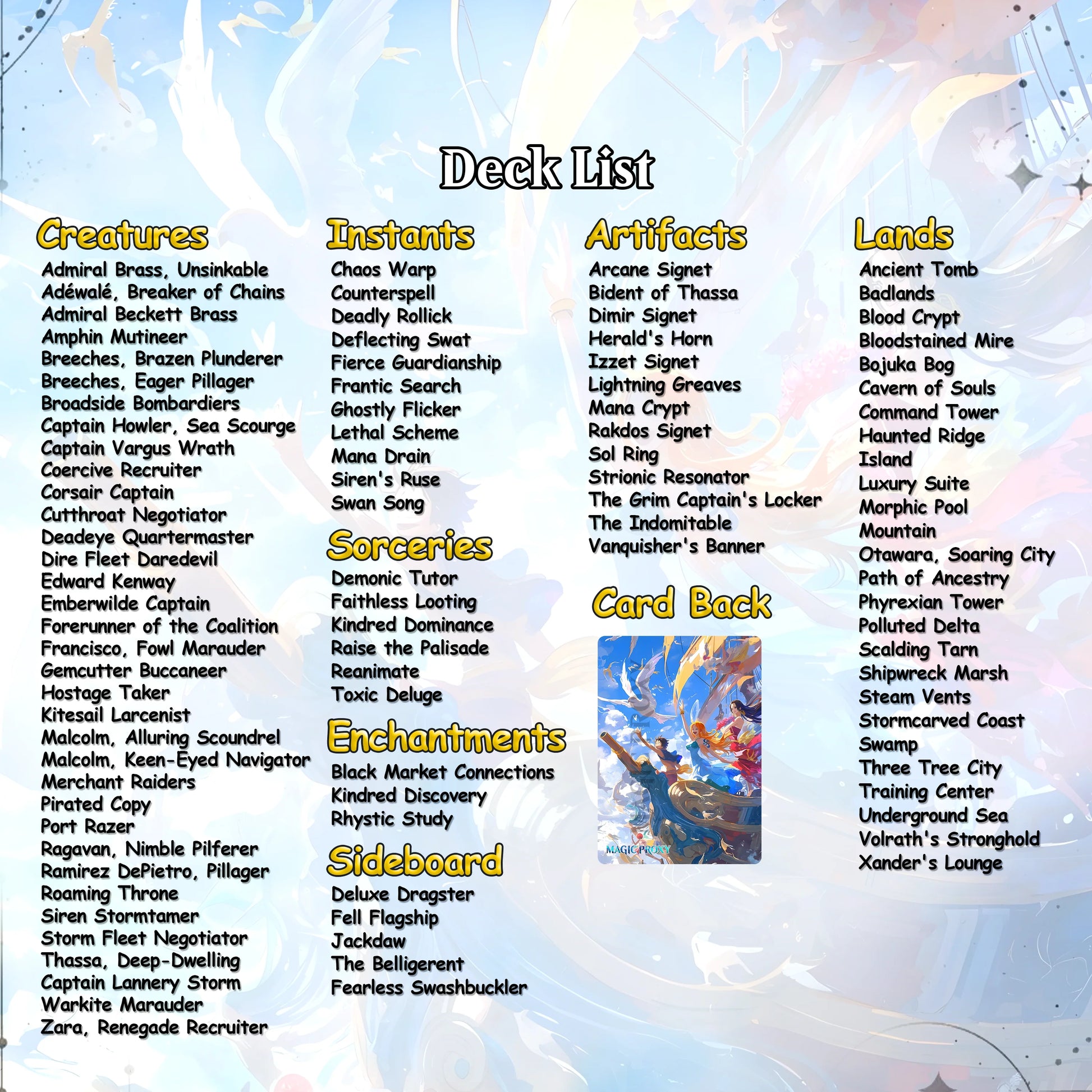 Complete Anime Pirate Tribal Deck, Custom Gift EDH Deck, Custom A.n.i.m.e O.P Pirate Deck, Treasure Tokens, A.d.m.i.r.a.