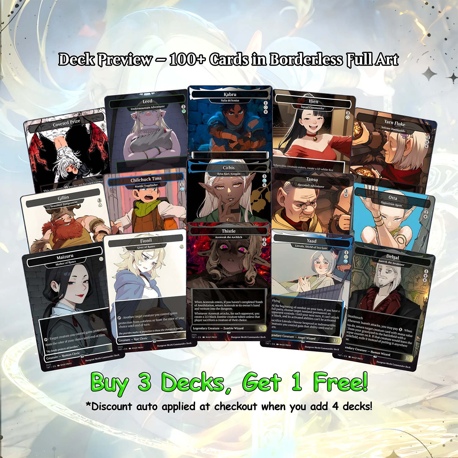 Dungeon Meshi Party Theme / Tarzi Commander Deck / Premium Paper Proxy Deck / 100 cards + tokens / Venture Theme Bracket
