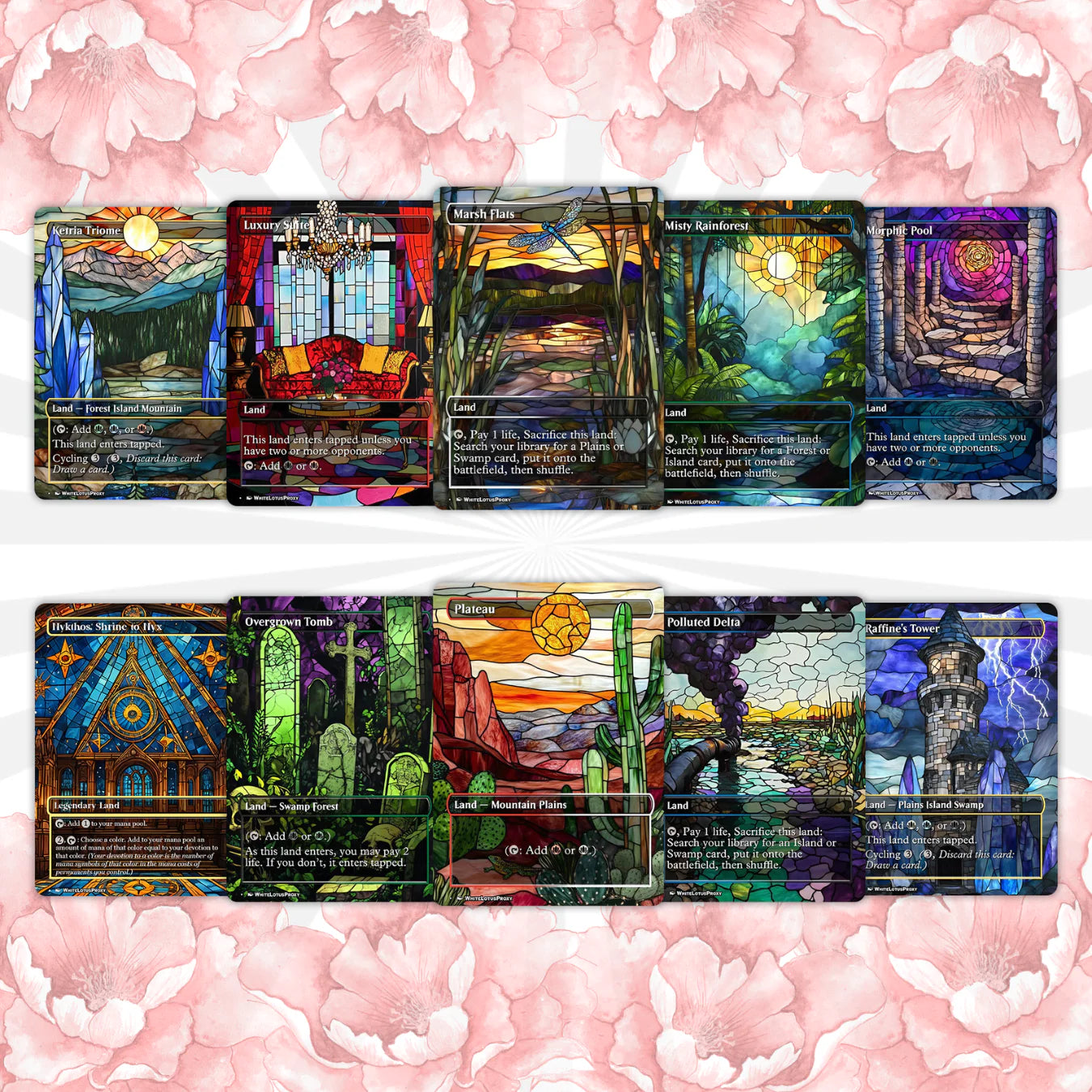 Mega EDH land pack (50+ cards) Stained Glass lands set of 50 unique borderless custom proxy lands High quality lands for
