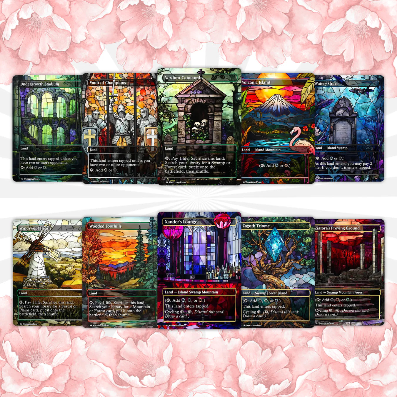 Mega EDH land pack (50+ cards) Stained Glass lands set of 50 unique borderless custom proxy lands High quality lands for
