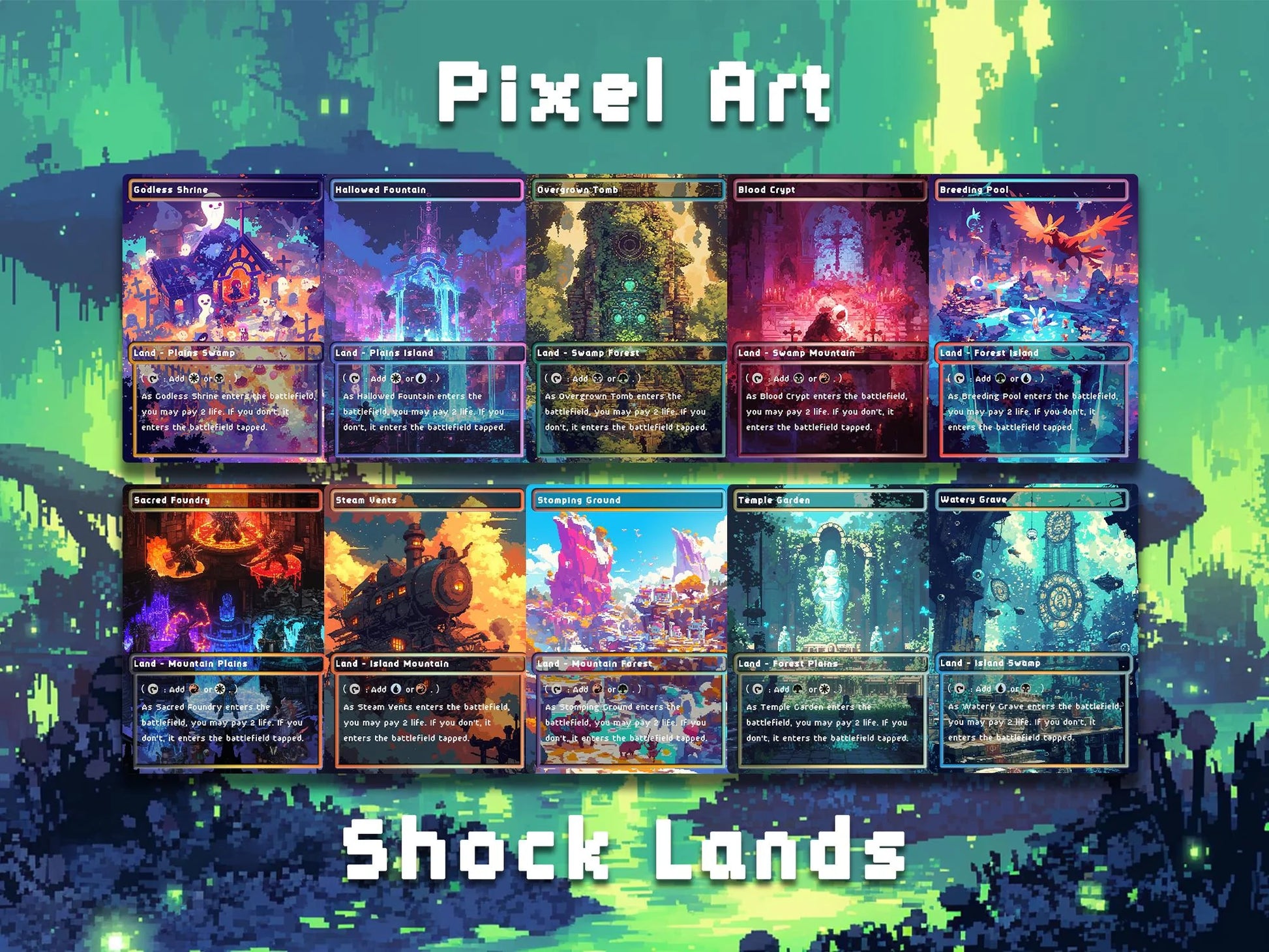 Pixel Art Style Mega Land pack, 50 unique borderless custom proxy lands High quality lands