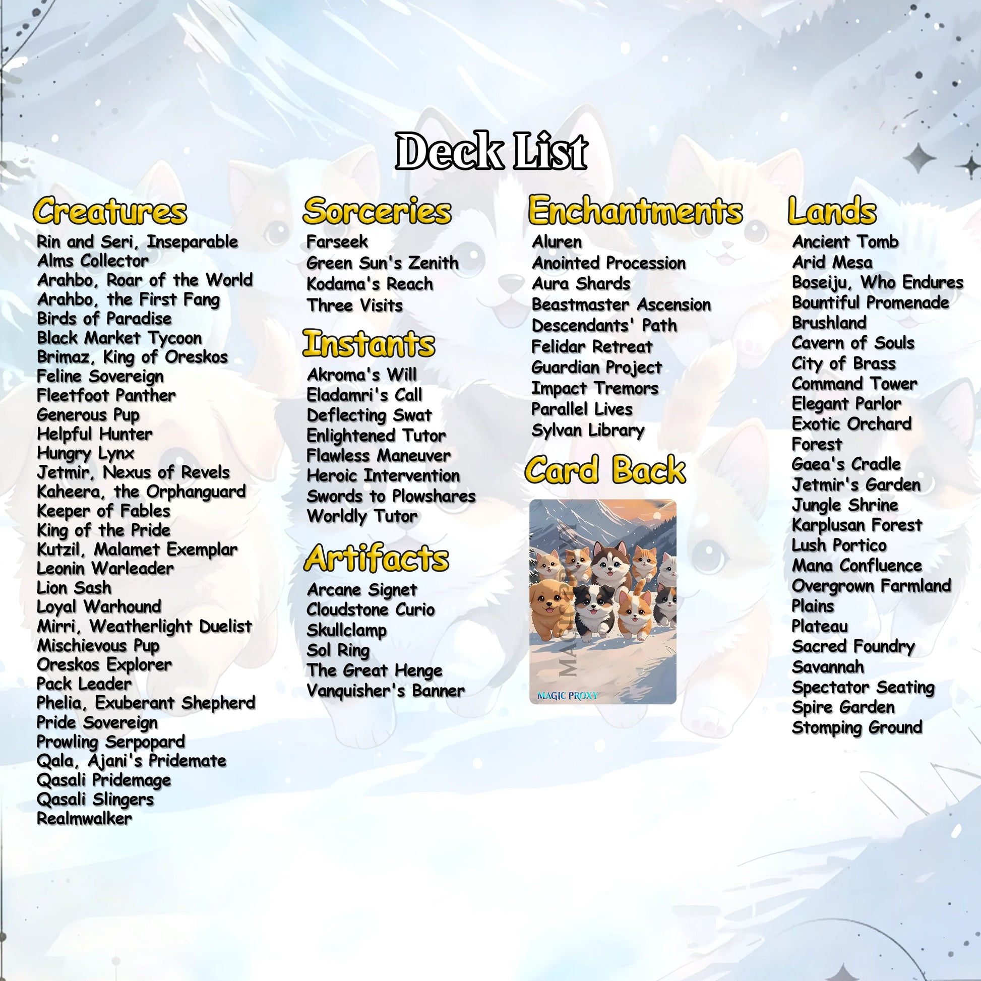 Rin and Seri Cat Dog Proxy Commander EDH Deck, 100 Cards + 8 Free Tokens | Cute Custom Full Art | MuraProxyArt