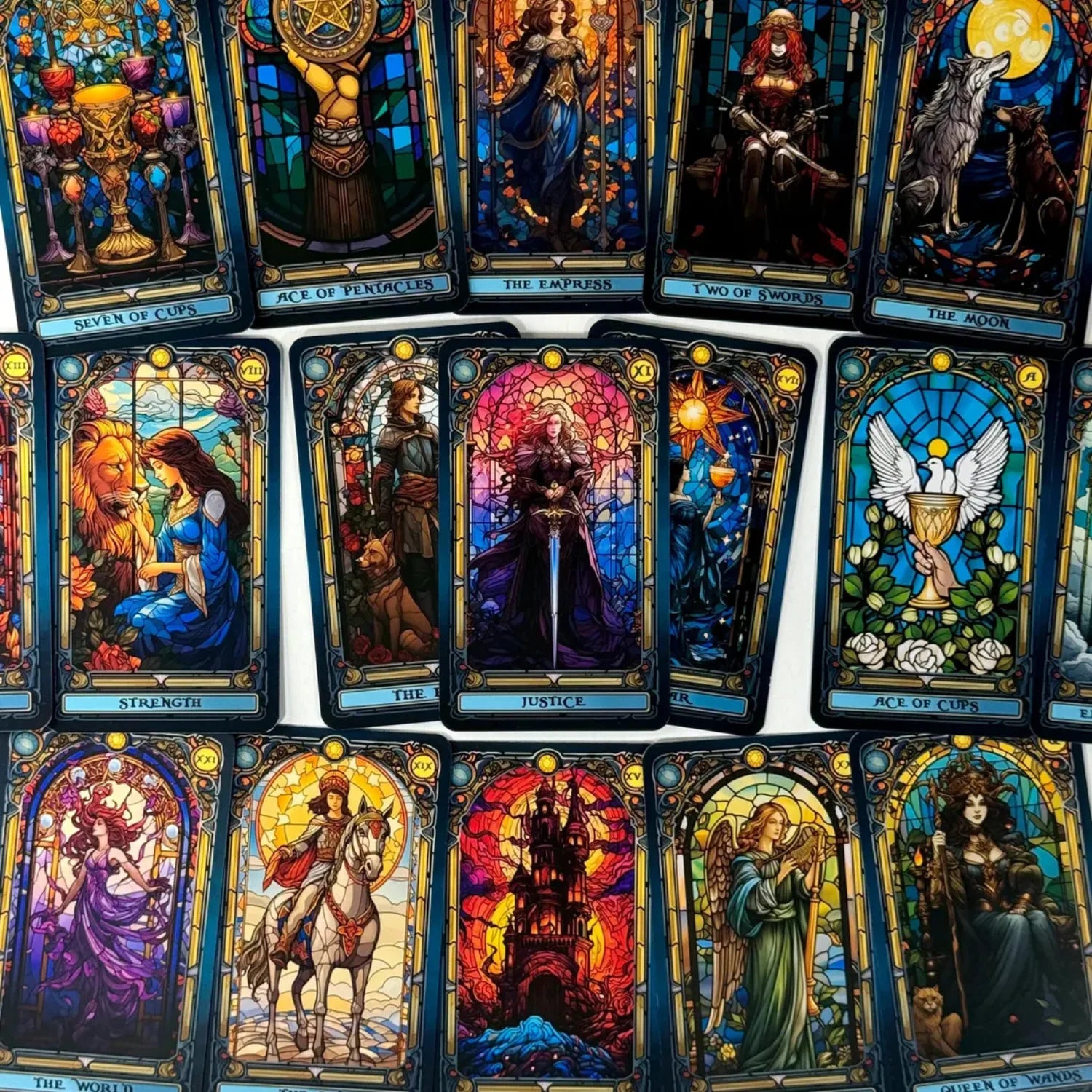Stained Glass Tarot Deck – 78 Cards with Foil Edges, Intuitive Symbolism, Guidebook Included, Ideal for Beginners and Co