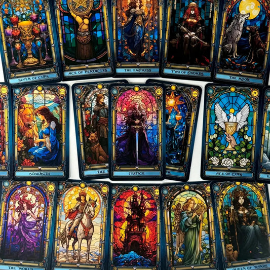 Stained Glass Tarot Deck – 78 Cards with Foil Edges, Intuitive Symbolism, Guidebook Included, Ideal for Beginners and Co