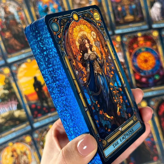 Stained Glass Tarot Deck – 78 Cards with Foil Edges, Intuitive Symbolism, Guidebook Included, Ideal for Beginners and Co
