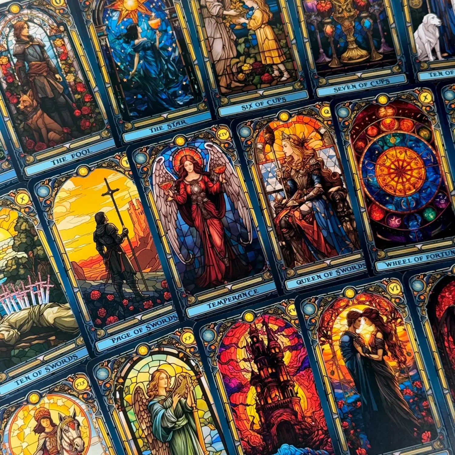 Stained Glass Tarot Deck – 78 Cards with Foil Edges, Intuitive Symbolism, Guidebook Included, Ideal for Beginners and Co